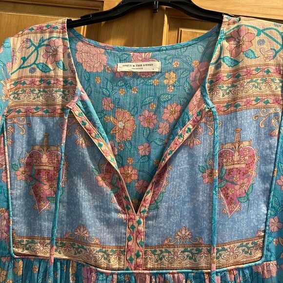 SPELL LOVE STORY Floral Bohemian Blue and Pink Midi Dress Small - Picture 3 of 3